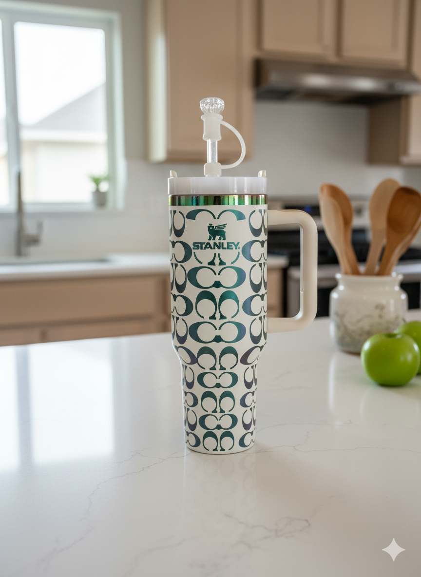 1,18 l Edelstahl Thermobecher mit holografischem Monogramm – Weiß